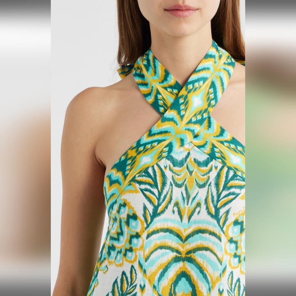 FARM RIO HALTER NECK TROPICAL LINEN MAXI SUNDRESS IN GREEN / SIZE:LARGE - Picture 5 of 16